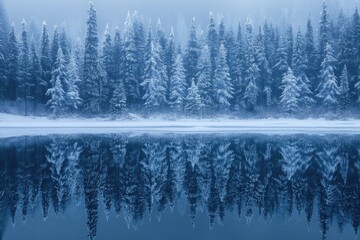 Snow-covered pine forest reflected in a still, frozen lake, creating a serene winter scene.