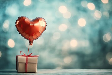 A heart balloon tied to a gift box, with a soft-focus background for Valentine's Day messages.