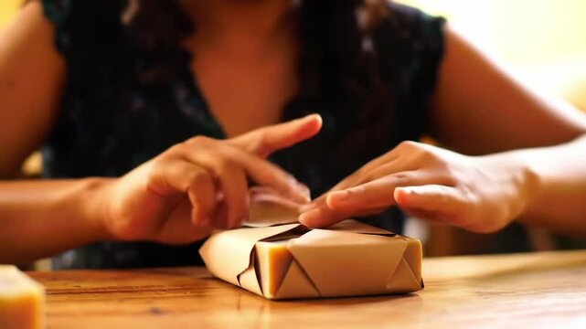 Young woman carefully wrapping craft paper gift box with delicate touches at home