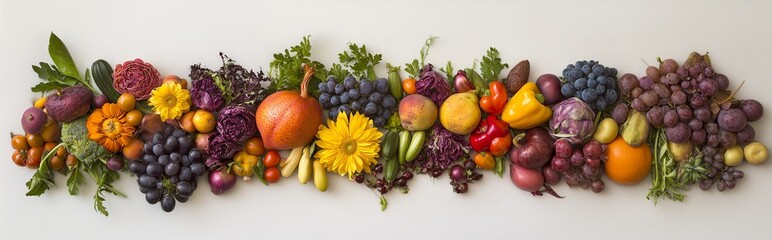 Overhead view of fresh fruits and vegetables arranged artistically with vibrant colors under soft diffused light, healthy food concept, top down perspective.