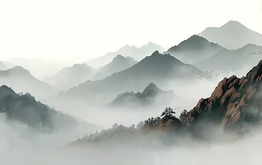 Abstract Foggy Mountain Landscape: Minimalist Ink Vector Illustration with Left White Space, Serene Soft Lighting