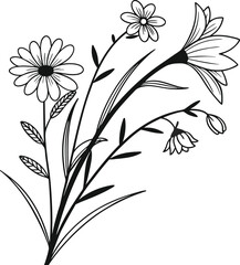 Black and white floral art illustration with delicate flower, leaf, and blossom elements on a monochrome background