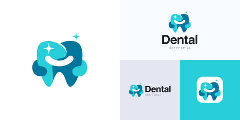 Creative dental happy smile integrated with hand hug concept, logo icon design vector illustration element editable, Abstract modern symbol dentist clinic practice for medical family care and identity