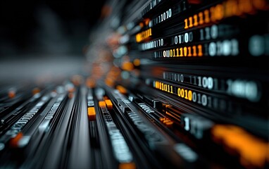 Abstract Digital Space with Glowing Binary Code and Orange Highlights Emphasizing AI for Sci-Fi Futuristic Tech Backgrounds
