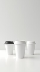 Set of disposable coffee cups with black lids isolated on white background, mockup for branding and takeaway design, AI-generated image