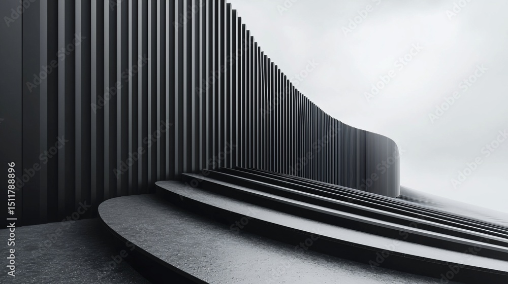 Poster monochromatic architectural geometry of a curved wall with subtle stairway