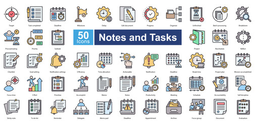 Flat Line Style Notes and Tasks icon set in lineal color style, featuring 50 icons on task management, productivity, and organization. Perfect for planners, workflow management, and reminders.