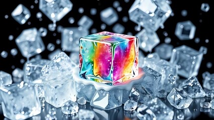 A colorful and multiple normal ice cubes on a black background