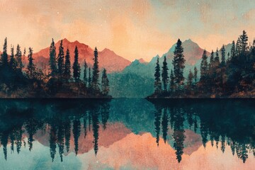 Serene mountain lake reflecting a picturesque sunset, creating a tranquil and peaceful landscape.