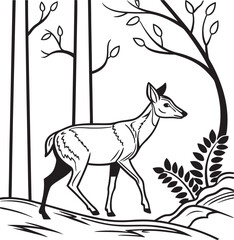 Cartoon wild animal illustration featuring a cute fox, deer, and dog, isolated on white with a black silhouette