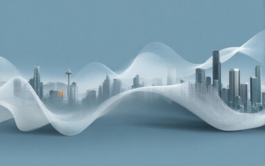 Abstract City Skyline with Blue-Green Gradient Water Waves, Flat Vector Design for Future Tech Sustainable Urban Background