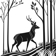Elegant vector illustration of a deer in a forest, highlighting its silhouette and antlers as a symbol of wildlife and nature