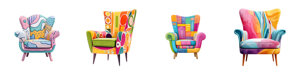 Colorful and artistic accent chairs showcasing bold patterns, playful designs, and vibrant colors, ideal for contemporary decor and interior styling