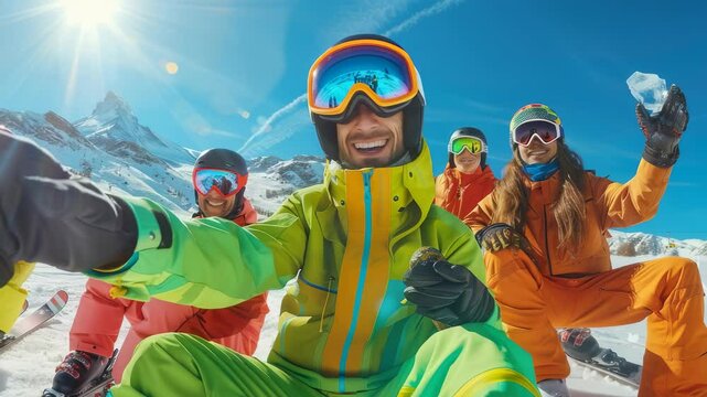 A group of friends on a snowy ski trip pause to capture a selfie. They are clad in colorful ski outfits and goggles, their smiles reflecting the joy of a bright, sunny day on the slopes. The landscape