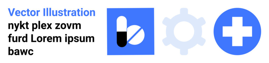 Capsule and pill icons beside a gear and health cross in blue and white. Ideal for healthcare, pharmacy, treatment, medication, technology, innovation, simple landing page