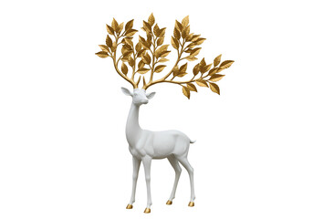 White Deer Sculpture with Golden Leaf Antlers