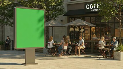 Billboard with green screen on city street, people at a cafe.