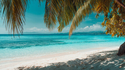 Naklejka premium Tropical Paradise Beach with Palm Trees and Turquoise Ocean Water Under Sunny Blue Sky – Exotic Vacation Scene