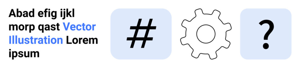 Number sign, gear, and question mark icons in separate boxes for technology, settings, and decision-making. Ideal for digital tools, problem-solving, innovation, web interfaces analytics user