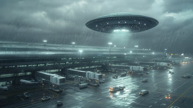 A UFO suddenly appears above a busy airport disrupting all flight schedules