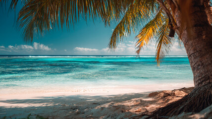 Naklejka premium Tropical Paradise Beach with Palm Trees and Turquoise Ocean Water Under Sunny Blue Sky – Exotic Vacation Scene