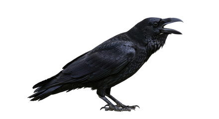 Fototapeta premium Black Crow Raven Isolated on Transparent PNG, crow, raven, bird, black, corvid, intelligent, smart, symbol, mystery, dark, ominous, nature 