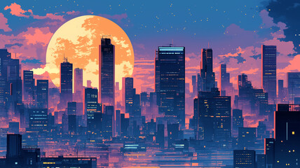 満月と星空が優しく照らすパープルとブルーの幻想的な高層ビル群、静かに眠る街を描いた1980年代風レトロポップな都市のナイトビューファンタジーイラスト
