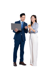 Full body image of woman asian business and manager man using laptop and posing on PNG background	
