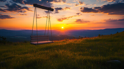 Lonely Wooden Swing at Sunset Over Grassy Hillside, Textarea 