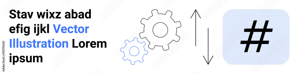 Poster gears, upward and downward arrows, and metadata tag symbol aiding process automation and workflow co