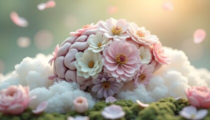 Brain Surrounded by Flowers and Clouds Represents Mental Health Spring