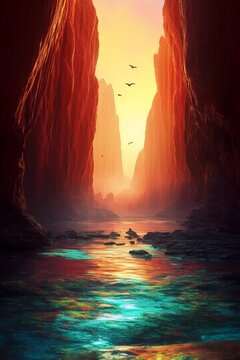 Mystical Canyon Vista: A breathtaking, artistic depiction of a dramatic canyon landscape at sunset, the warm light casting ethereal shadows.