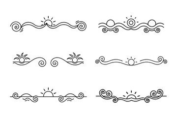 
Ornate Sun divider Fancy Lines summer Elegant, Swirling Lines sunset and sunrise tropical beach ornate border design, beach vibes Thin line calligraphy page separator decorative element
