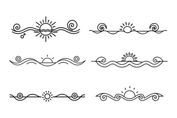 
Ornate Sun divider Fancy Lines summer Elegant, Swirling Lines sunset and sunrise tropical beach ornate border design, beach vibes Thin line calligraphy page separator decorative element
