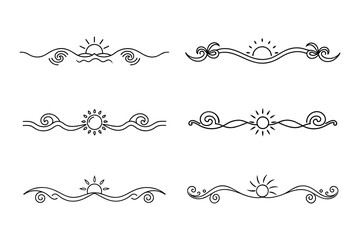 Obraz premium Ornate Sun divider Fancy Lines summer Elegant, Swirling Lines sunset and sunrise tropical beach ornate border design, beach vibes Thin line calligraphy page separator decorative element 