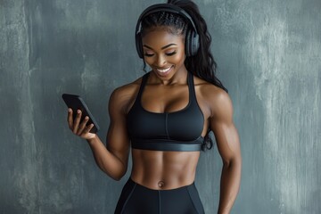 Obraz premium Smiling muscular african american young woman with headphones looking at smartphone on gray wall background,free space