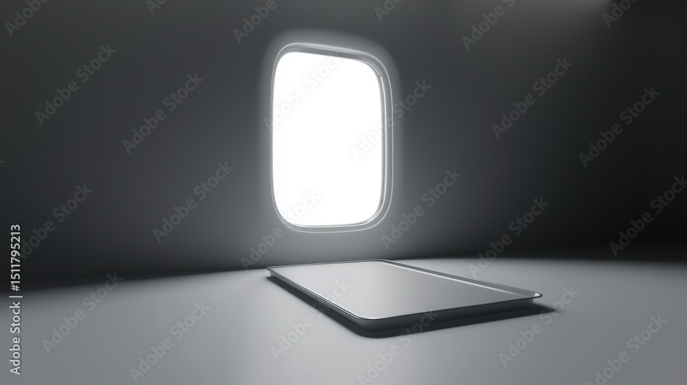 Poster a white rectangular object with a black border sits on a gray floor in front of a window.