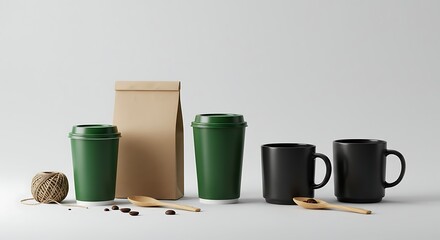 Coffee Still Life with Green Cups, Black Mugs, and Wooden Spoons