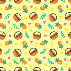 Seamless Easter pattern with basket with eggs, carrot, flower. In  style. Ideal for baby clothes, textiles, packaging, web backgrounds, fabrics, wrapping paper, decoration.