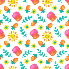Seamless Easter pattern with kulich, carrot, sun and flowers. In hand drawn style, on a white background. Happy Easter