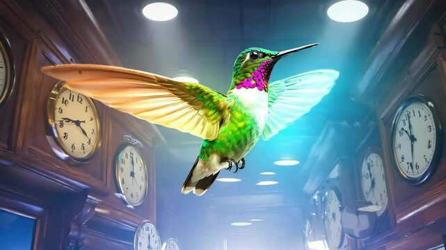 hummingbird flying indoor, timeless clock interior, vibrant bird motion, Hummingbird Motion in Time Concept, Vintage Clock Room with Flying Bird, Colorful Nature Meets Antique Interior