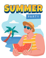 A man eating watermelon at the beach under the sun 