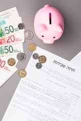 Rental or Residential Lease agreement contract in Hebrew and piggy bank. Short and long term rentals in Israel, housing searching crisis, signing lease agreement, and rising prices.