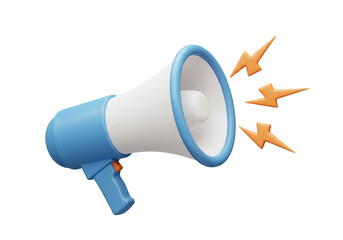 3D Blue megaphone and flash lightnings. Special offer. Social media promotion. Marketing time concept. Loudspeaker or speaker object. Realistic design emoji icon.