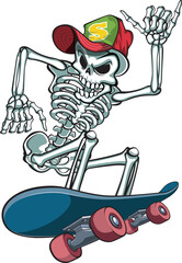 Human Skeleton riding on a Skateboard showing Shaka hand sign