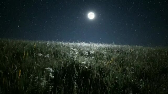Tranquil open meadow under clear starry sky with bright full moon casting silver light on swaying grass