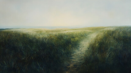 Elevated View of a Grassy Dune with Faint Footprints and Distant Light, Textarea 