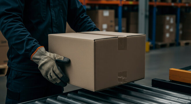 Warehouse Worker Moving Cardboard Box on Conveyer Belt