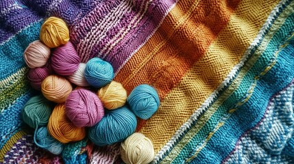 Flatlay of knitting materials on blanket.