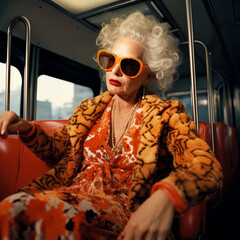 A Confident Woman in a Vibrant Orange Ensemble with Bold Accessories Relaxing in a Train Car, Embracing Her Unique Style and Personality